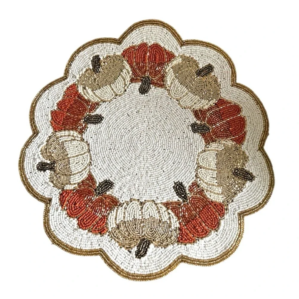 Tahari Pumpkin Beaded Placemat Charger 15” Rd Thanksgiving Fall Autumn Holiday